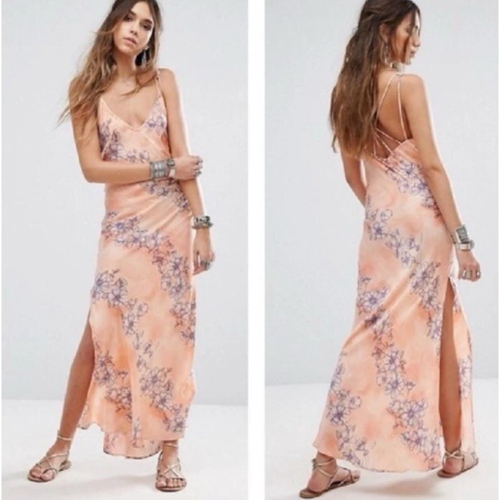 Intimately Free People Cassie Maxi Slip Dress Large Satin Peach Floral Backless